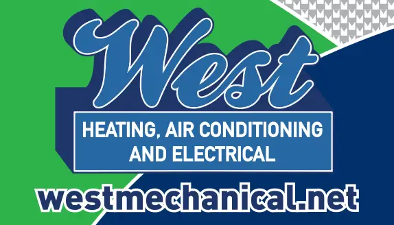 Green and blue logo for West Mechanical that emphasizes that they do heating, air conditioning and electrical work and the website of westmechanical.net