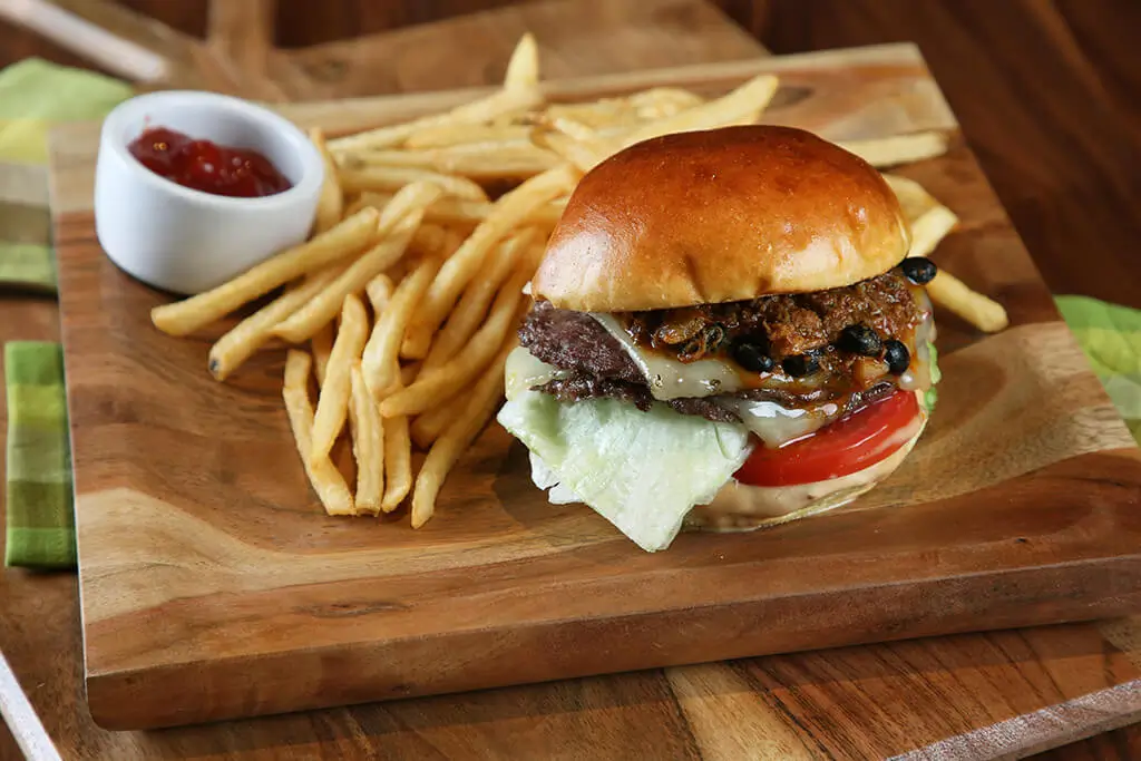 burger and fries with dipping sauce