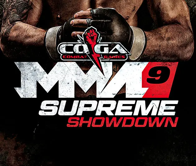 An image of a shirtless man with gloved hands clasped together above the logo for the event saying, MMA Supreme Showdown 9.