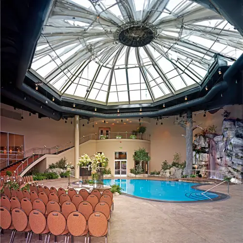 An image of the pool area set up for an event.